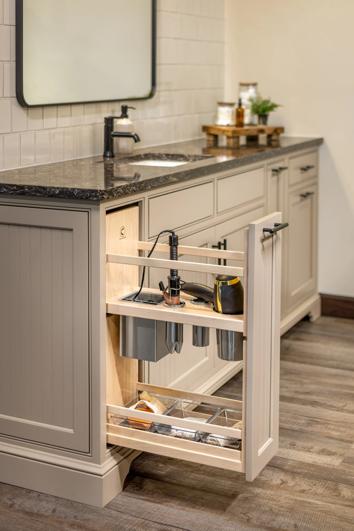 Vanity Grooming Organizer with Electric installed in a kitchen cabinet