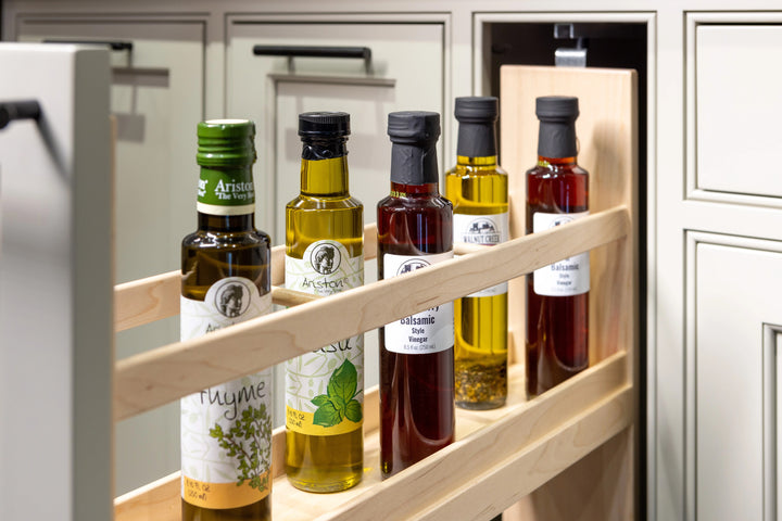5 1/2" Signature Series Oil &amp; Vinegar Organizer installed in a kitchen cabinet