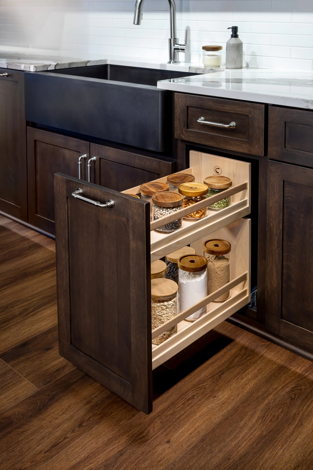 10 1/2" Short Height Base Cabinet Pull-Out Organizer installed in a kitchen cabinet