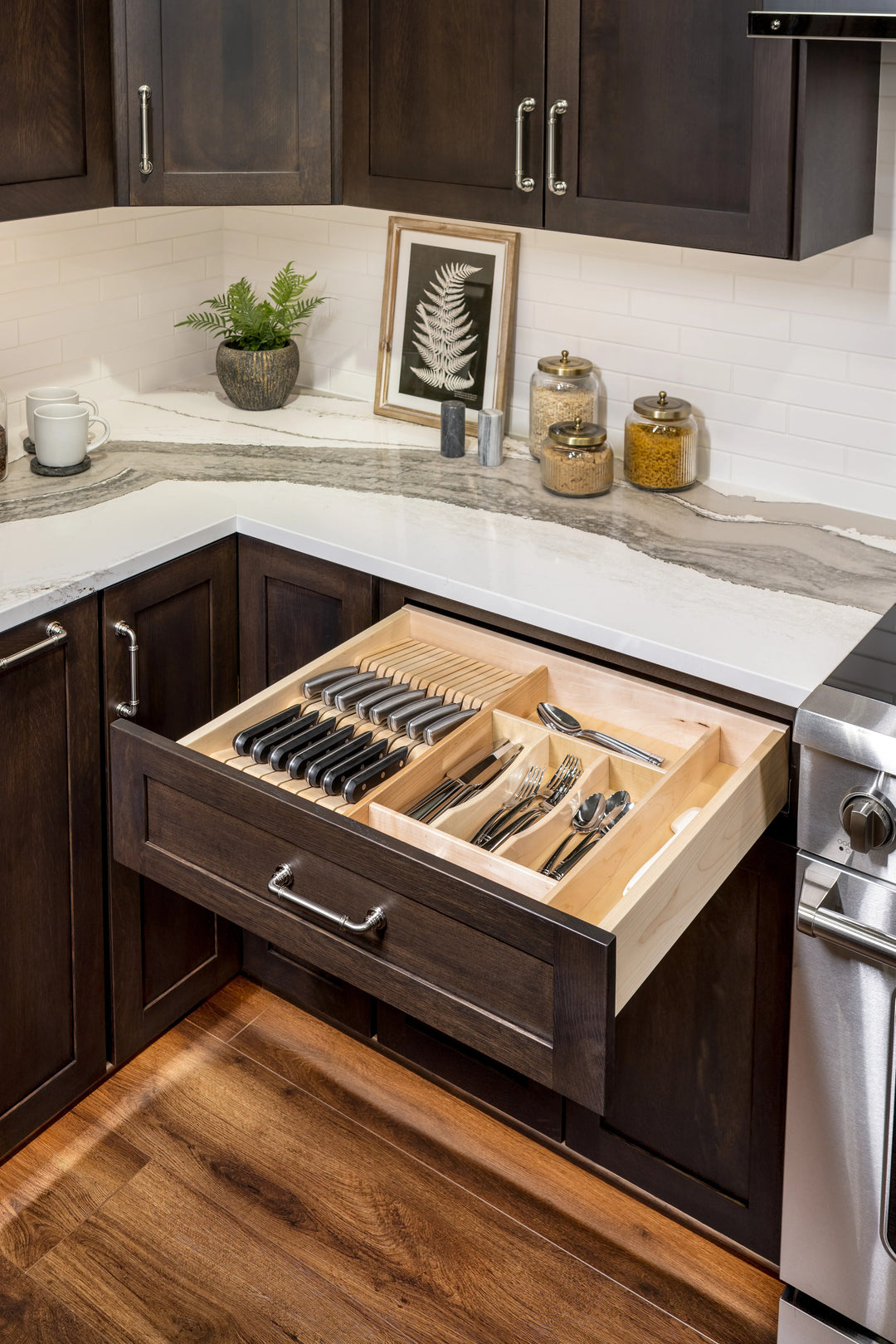 20" Silverware Tray Insert installed in a kitchen cabinet