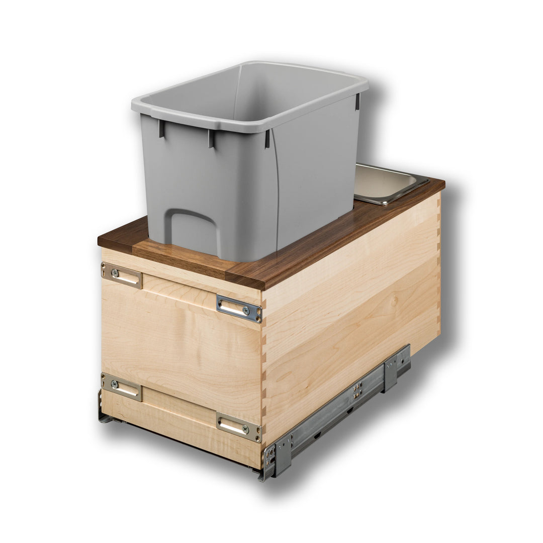 12" Walnut Creek Single 34 Quart Bottom Mount Waste Container in maple and walnut, studio view 2