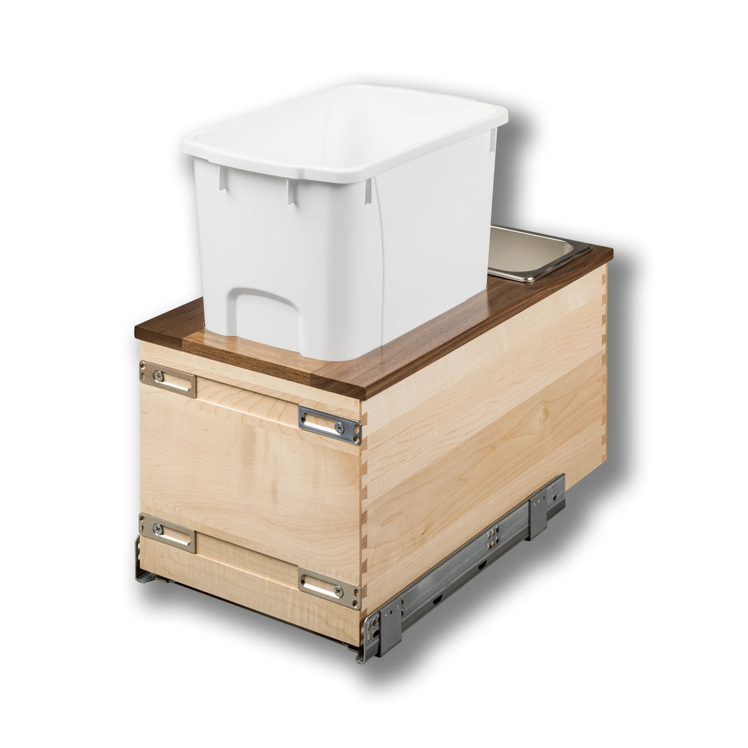 12" Walnut Creek Single 34 Quart Bottom Mount Waste Container in maple and walnut, studio view 2