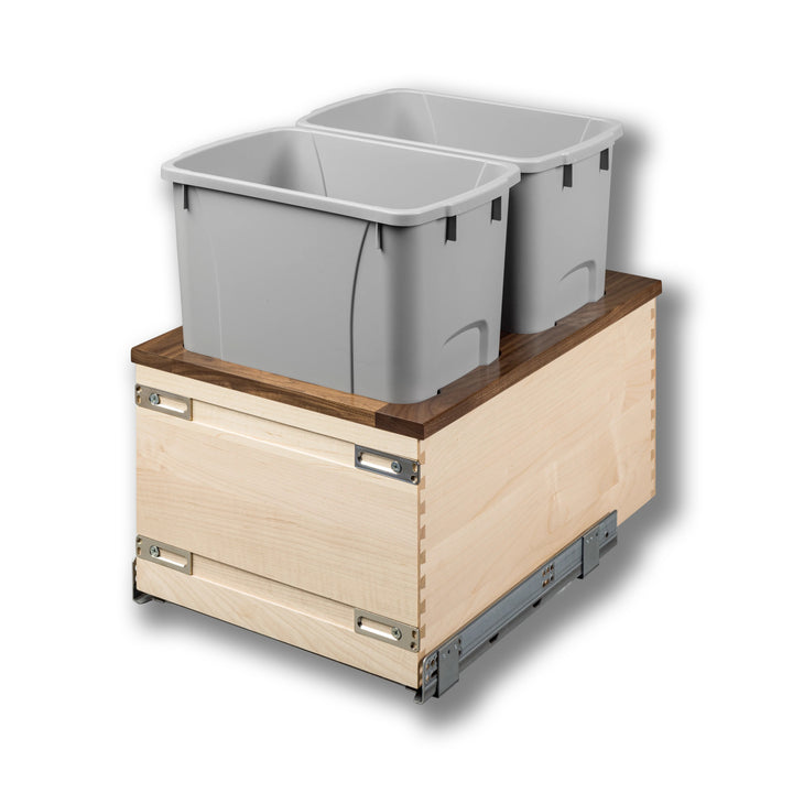 15" Walnut Creek Double 34 Quart Bottom Mount Waste Container in maple and walnut, studio view 2