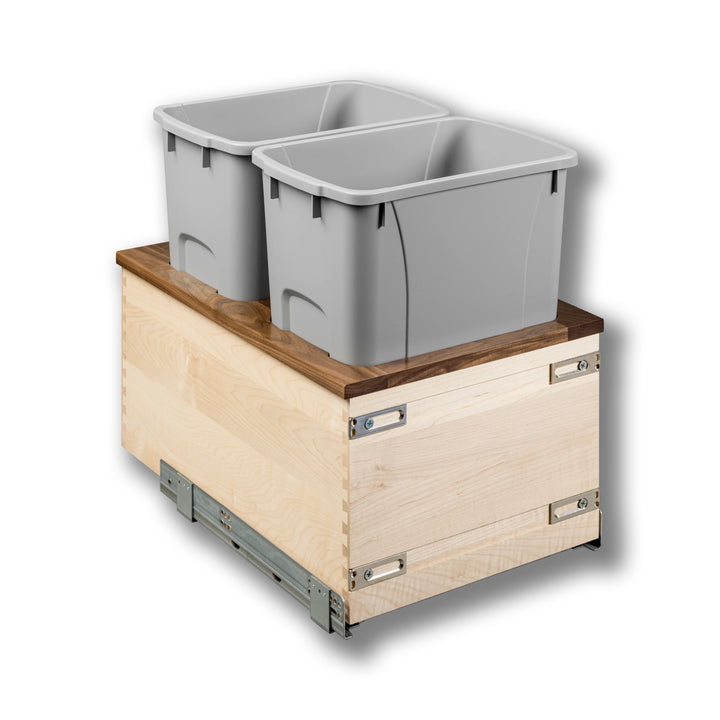 15" Walnut Creek Double 34 Quart Bottom Mount Waste Container in maple and walnut, studio view 3