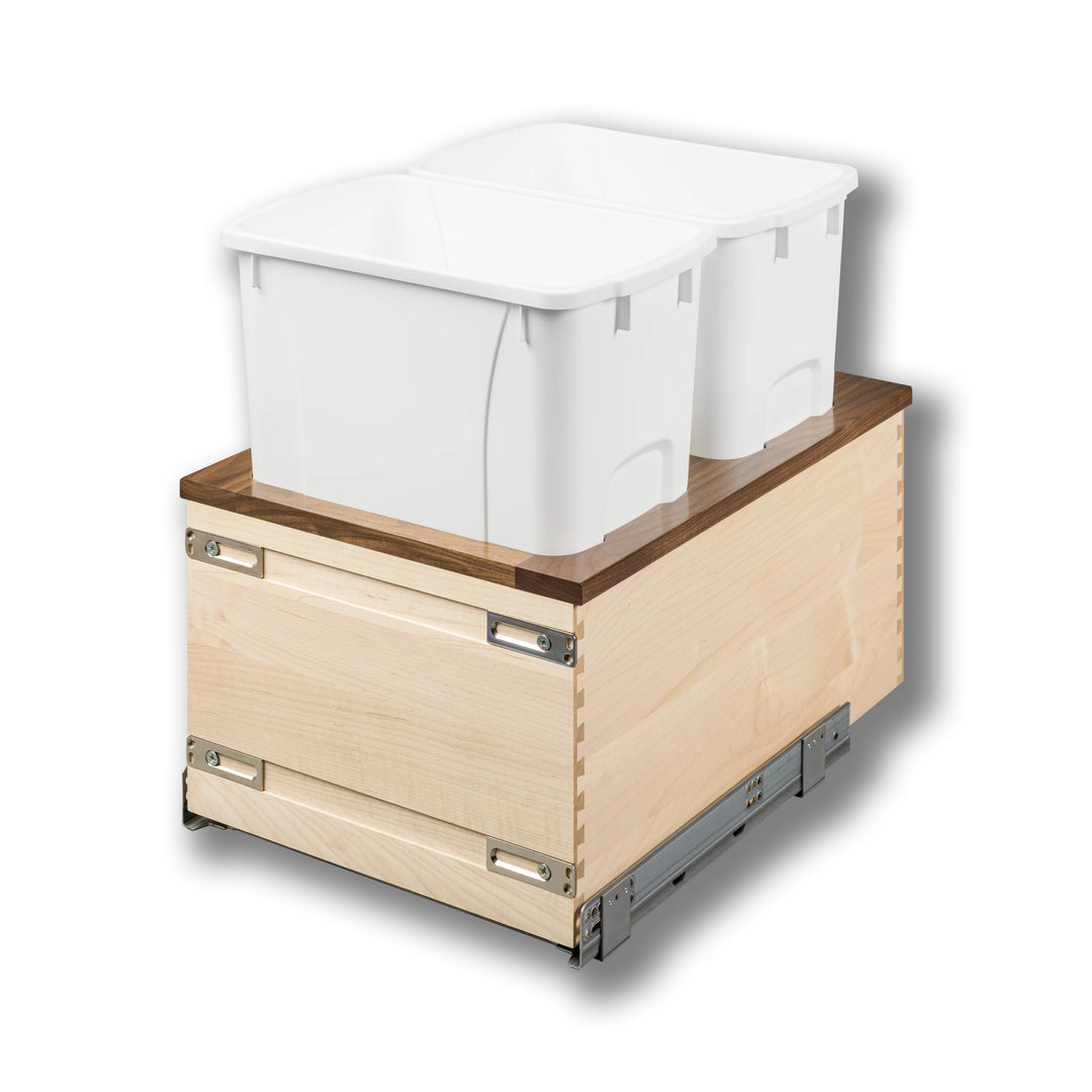 15" Walnut Creek Double 34 Quart Bottom Mount Waste Container in maple and walnut, studio view 2