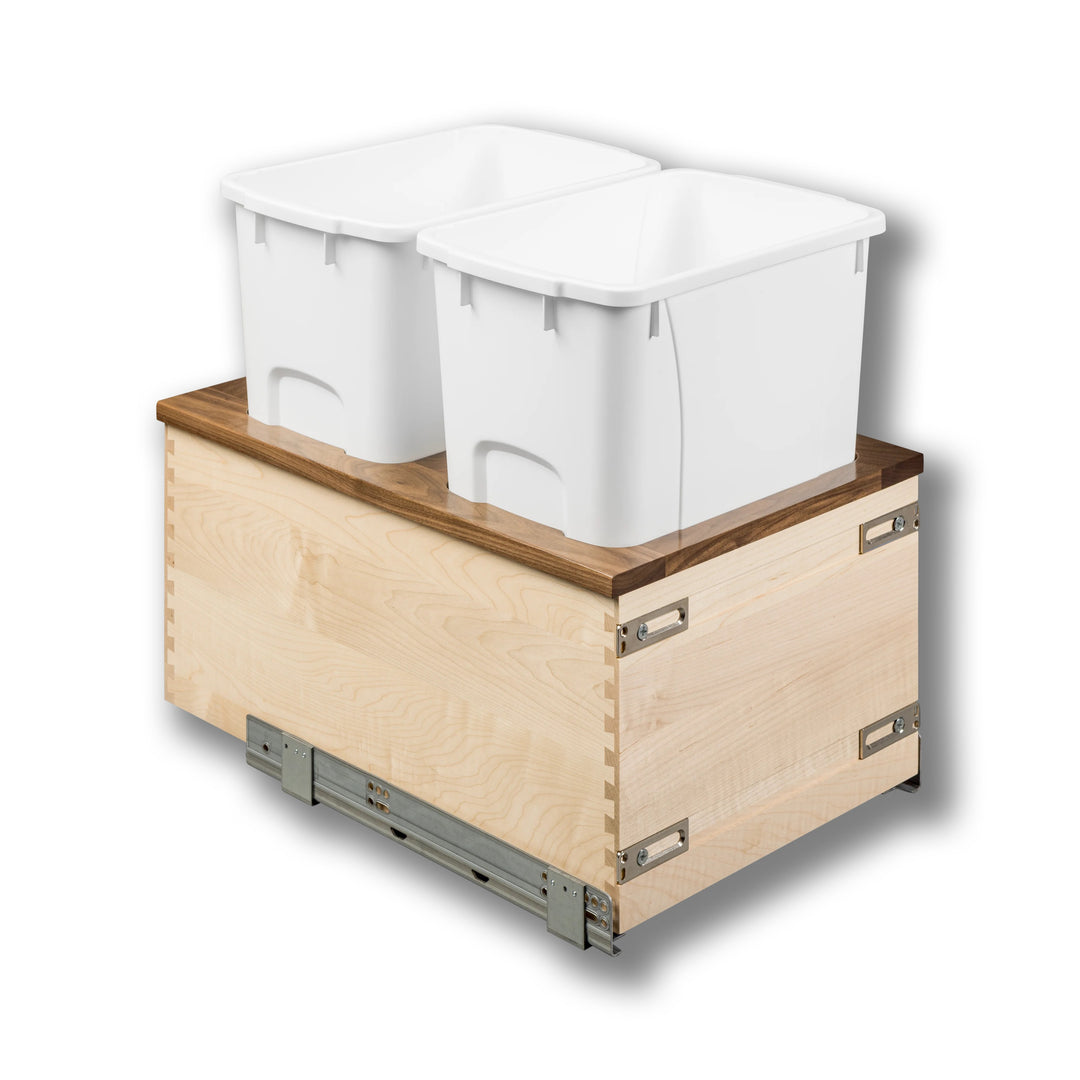 15" Walnut Creek Double 34 Quart Bottom Mount Waste Container in maple and walnut, studio view 3