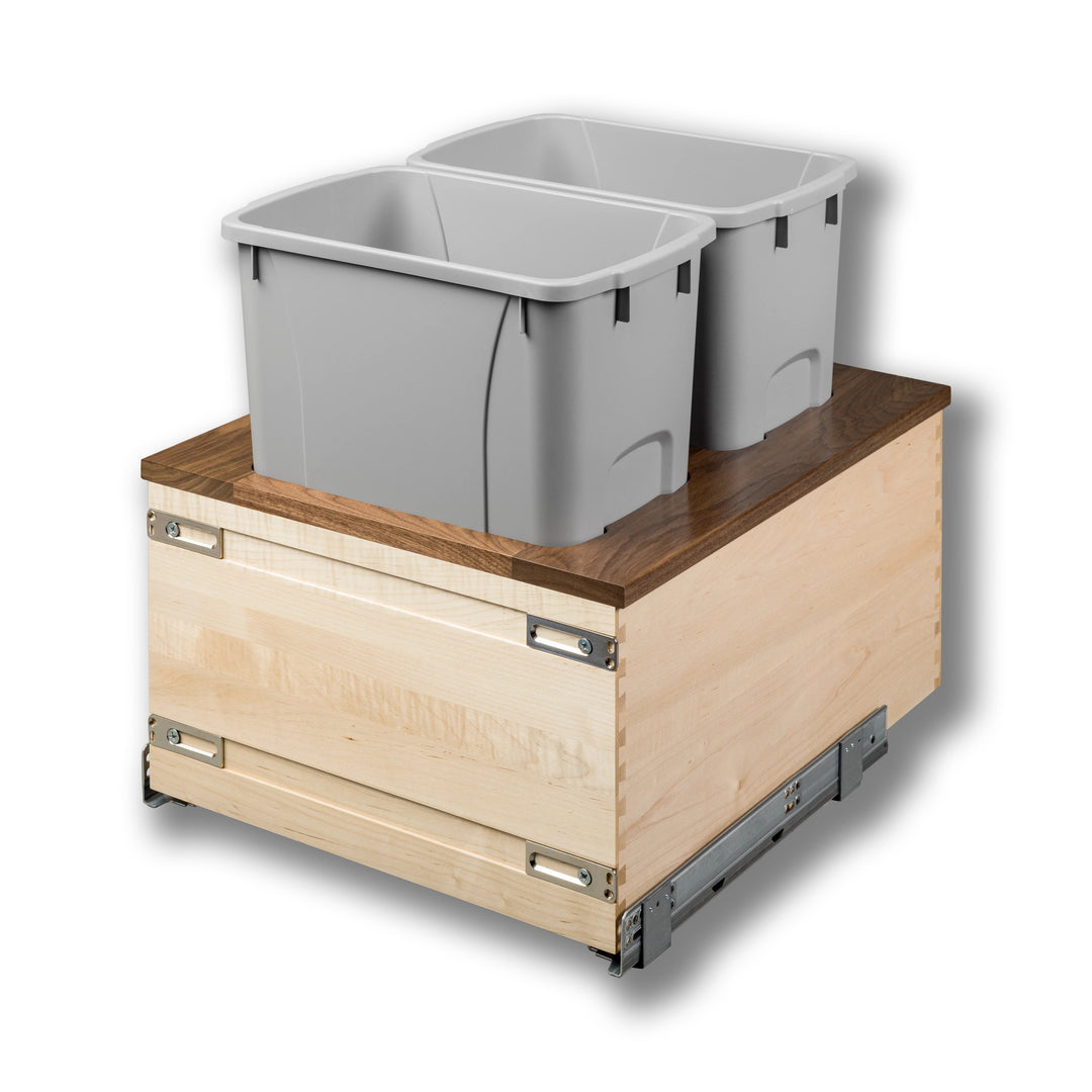 18" Walnut Creek Double 34 Quart Bottom Mount Waste Container in maple and walnut, studio view 2