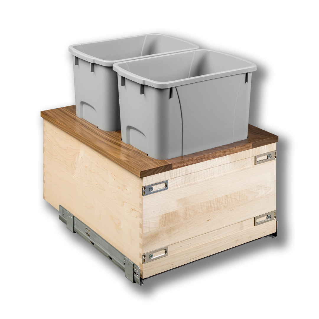 18" Walnut Creek Double 34 Quart Bottom Mount Waste Container in maple and walnut, studio view 3