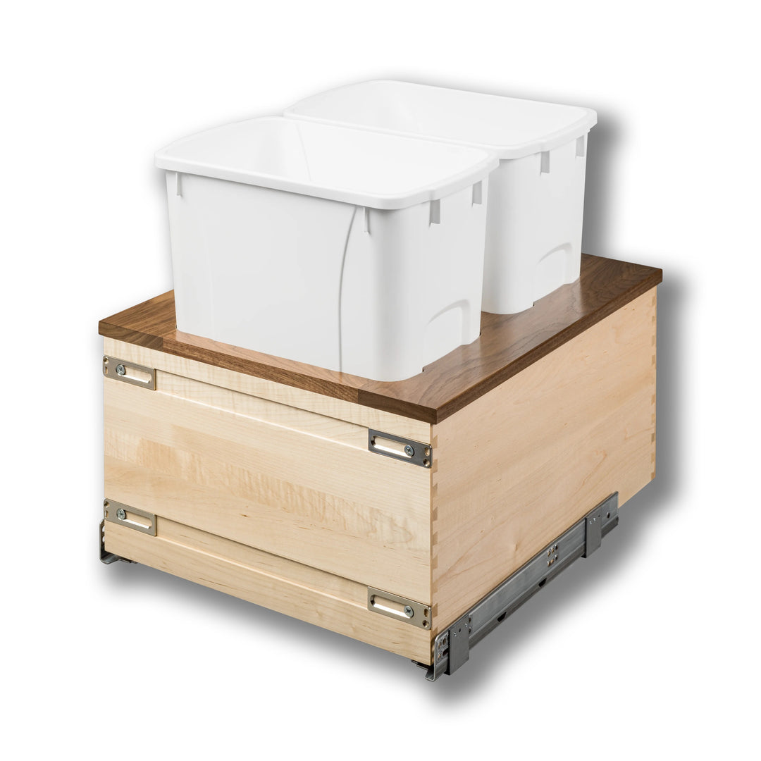 18" Walnut Creek Double 34 Quart Bottom Mount Waste Container in maple and walnut, studio view 2