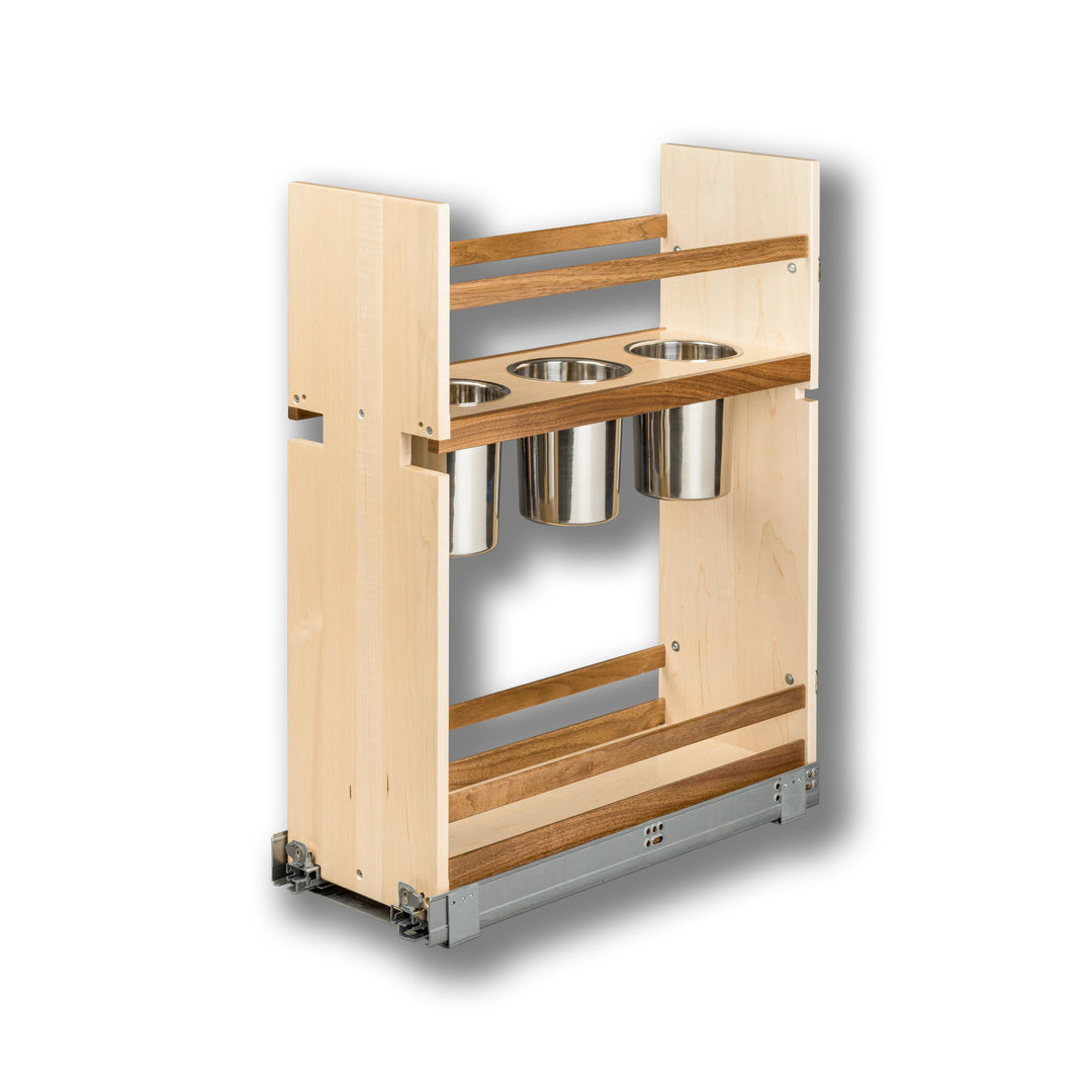 9" Walnut Creek Series Pull-Out Canister Organizer in maple and walnut, studio view 4
