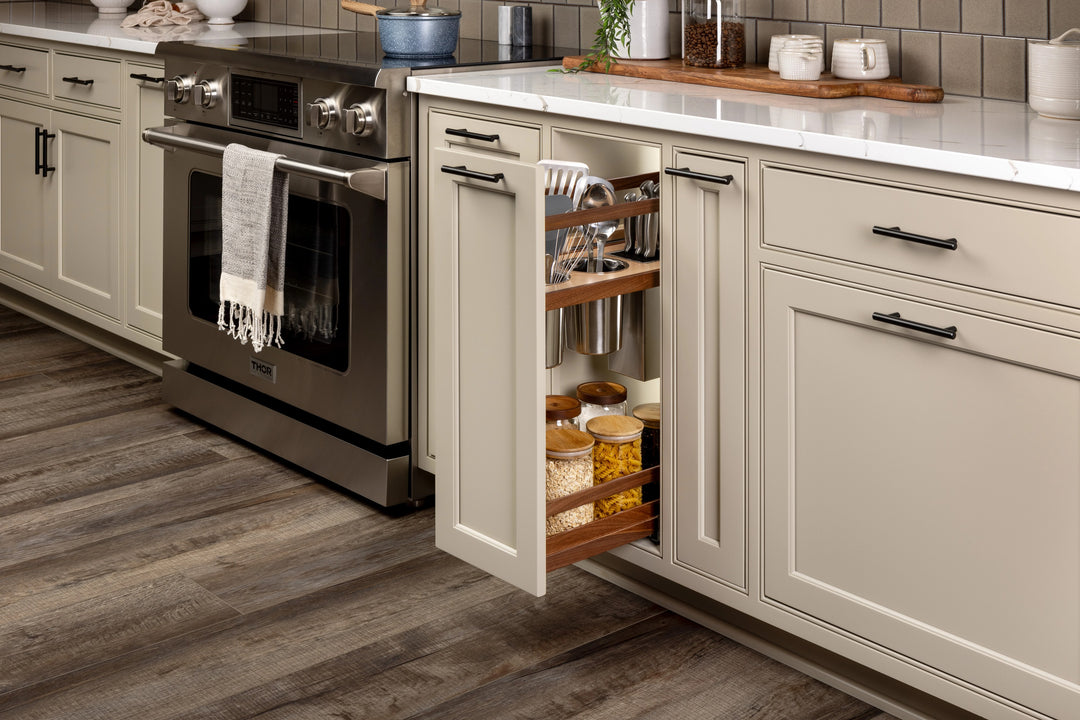 9" Walnut Creek Pullout Canister Organizer with Knife Block installed in a kitchen cabinet