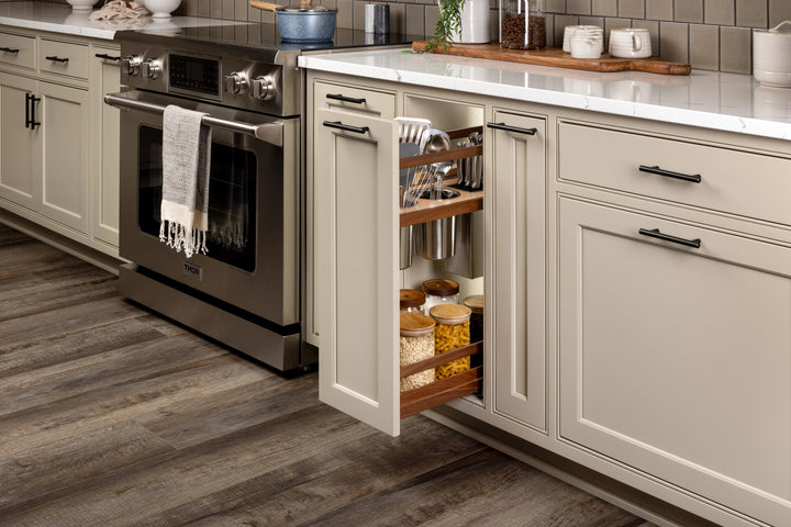 9" Walnut Creek Pullout Canister Organizer with Knife Block installed in a kitchen cabinet
