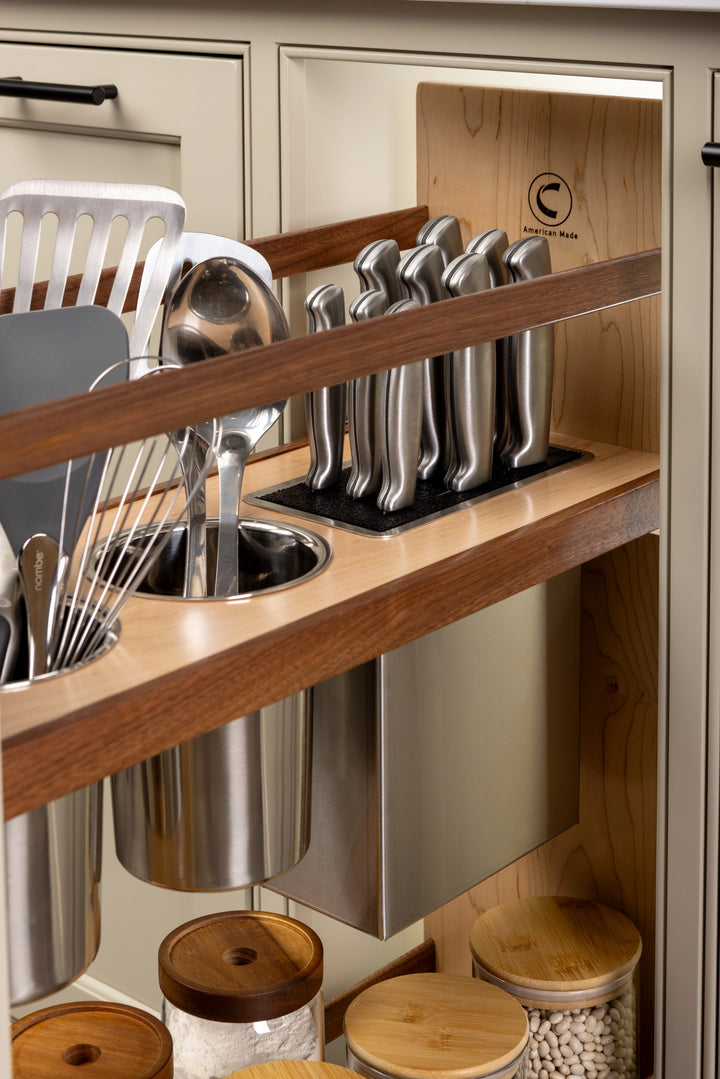 9" Walnut Creek Pullout Canister Organizer with Knife Block installed in a kitchen cabinet