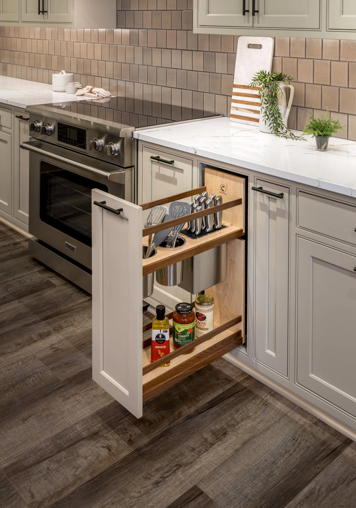 9" Walnut Creek Pullout Canister Organizer with Knife Block installed in a kitchen cabinet