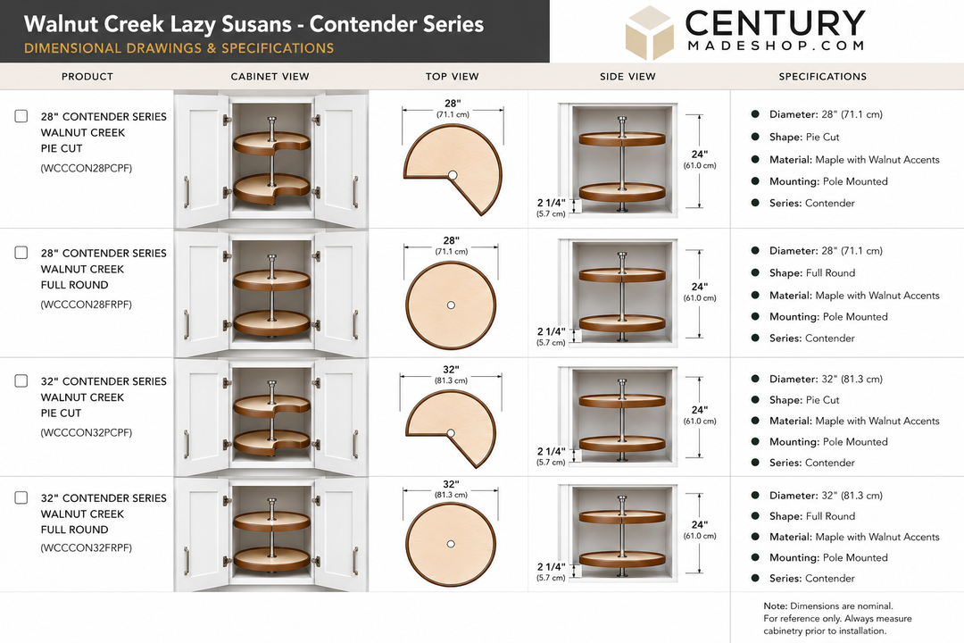 Century Components Walnut Creek Contender Series Lazy Susan - Two 28" Pie Cut Shelves - Hardware Included (WCCCON28PCPF)