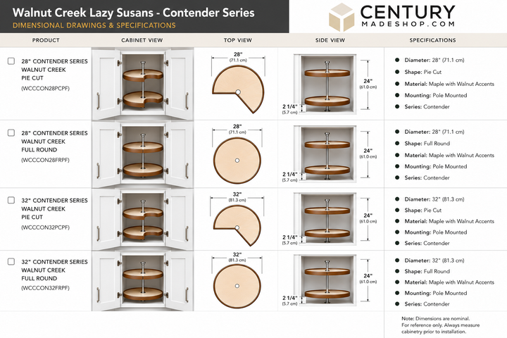 Century Components Walnut Creek Contender Series Lazy Susan - Two 28" Pie Cut Shelves - Hardware Included (WCCCON28PCPF)