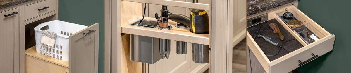 Vanity hamper pull-out, grooming organizer with hair tools, and charging drawer